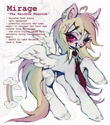 Size: 1810x2048 | Tagged: safe, artist:p0nyplanet, oc, oc only, oc:mirage, mimic, pegasus, pony, cloud, eyelashes, grin, multicolored hair, not rainbow dash, rainbow, rainbow hair, rainbow tail, red eyes, reference sheet, smiling, solo, tail, text, wings