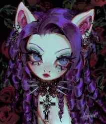Size: 1748x2048 | Tagged: safe, artist:p0nyplanet, rarity, pony, g4, abstract background, blue eyes, bow, braid, choker, colored pinnae, cross, ear piercing, earring, eyebrows, eyelashes, eyeshadow, female, flower, front view, goth, jewelry, lipstick, makeup, mare, missing horn, mole, piercing, purple hair, red lipstick, rose, signature, solo, spiked choker