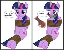 Size: 2131x1654 | Tagged: safe, artist:cardshark777, twilight sparkle, alicorn, pony, g4, 2 panel comic, bondage, bound and gagged, comic, dialogue, digital art, duct tape, female, gag, helpless, hooves behind back, horn, horn ring, levitation, looking at you, looking down, magic, magic suppression, mare, muffled words, ring, rope, rope bondage, simple background, sitting, solo, speech bubble, talking, talking to viewer, tape, tape gag, telekinesis, text, tied up, transparent background, twilight sparkle (alicorn)