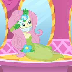 Size: 2000x2000 | Tagged: safe, artist:nie-martw-sie-o-mnie, fluttershy, human, equestria girls, g4, green isn't your color, bondage, bound and gagged, carousel boutique, cloth gag, clothes, dress, female, fluttershy leotard, gag, green leotard, leotard, long dress, long skirt, see-through, see-through skirt, skirt, solo