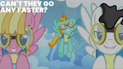 Size: 2000x1125 | Tagged: safe, edit, edited screencap, editor:quoterific, screencap, lightning dust, meadow flower, mercury, starry eyes (character), pegasus, pony, g4, wonderbolts academy, annoyed, clothes, female, flying, goggles, male, mare, sky, stallion, trio, uniform, wonderbolt trainee uniform