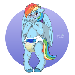 Size: 1900x1900 | Tagged: safe, artist:stargal galexi, rainbow dash, pegasus, anthro, unguligrade anthro, g4, arm fluff, blushing, chest fluff, clothes, cute, diaper, diaper fetish, diapered, ear fluff, embarrassed, female, fetish, leg fluff, mare, non-baby in diaper, partial nudity, partially open wings, poofy diaper, simple background, solo, topless, unshorn fetlocks, urine, wet diaper, wing fluff, wings