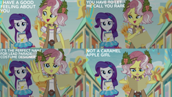 Size: 2000x1125 | Tagged: safe, edit, edited screencap, editor:quoterific, screencap, rarity, vignette valencia, equestria girls, equestria girls specials, g4, my little pony equestria girls: better together, my little pony equestria girls: rollercoaster of friendship, duo, duo female, female, flower, flower in hair, rarity peplum dress