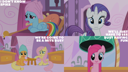 Size: 2000x1125 | Tagged: safe, edit, edited screencap, editor:quoterific, screencap, applejack, fluttershy, pinkie pie, rainbow dash, rarity, earth pony, pony, g4, season 1, the best night ever, hair dryer, lying down, ponyloaf, prone, spit, stool