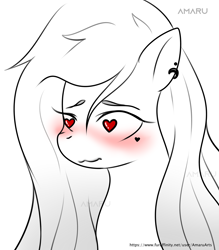 Size: 1900x2171 | Tagged: safe, artist:amaruarts, oc, oc only, pony, blushing, bust, ear piercing, heart, heart eyes, high res, partial color, piercing, portrait, solo, wingding eyes