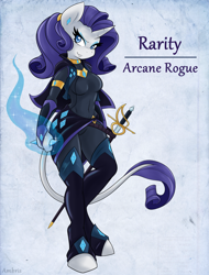 Size: 1274x1675 | Tagged: safe, artist:ambris, rarity, classical unicorn, unicorn, anthro, unguligrade anthro, adventuring is magic, g4, alternate hairstyle, belly button, bodysuit, clothes, cloven hooves, colored pupils, fantasy class, female, horn, leonine tail, looking at you, multiple variants, rapier, rogue, smiling, smirk, solo, sword, tail, unshorn fetlocks, weapon