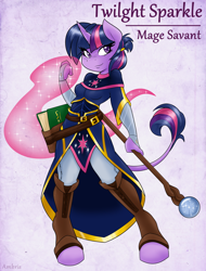 Size: 1274x1675 | Tagged: safe, artist:ambris, twilight sparkle, classical unicorn, unicorn, anthro, unguligrade anthro, adventuring is magic, g4, 2015, book, colored pupils, fantasy class, female, glowing hands, horn, leonine tail, mage, magic, multiple variants, old art, solo, staff, tail