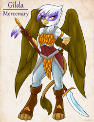Size: 1275x1650 | Tagged: safe, artist:ambris, gilda, griffon, anthro, adventuring is magic, g4, 2015, armor, clothes, colored pupils, fantasy class, female, glaive, looking at you, mercenary, multiple variants, old art, solo, spread wings, weapon, wings