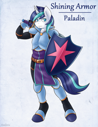 Size: 1275x1650 | Tagged: safe, artist:ambris, shining armor, unicorn, anthro, unguligrade anthro, adventuring is magic, g4, 2016, armor, colored pupils, fantasy class, knight, looking at you, male, old art, paladin, shield, solo, sword, warrior, warrior shining armor, weapon
