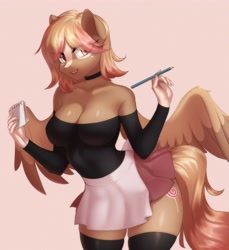Size: 3665x4000 | Tagged: oc name needed, safe, artist:yutakira92, oc, oc only, pegasus, anthro, breasts, choker, cleavage, clothes, commission, eye clipping through hair, female, notepad, pegasus oc, pencil, simple background, solo, stockings, thigh highs, waiter, ych result