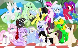 Size: 734x457 | Tagged: safe, oc, oc:altersmay earth, unnamed oc, alicorn, earth pony, pegasus, pony, unicorn, bow, colored hooves, colored wings, female, flying, glasses, grin, hair bow, headphones, horn, looking at each other, looking at someone, looking at you, male, mare, older, older altersmay earth, open mouth, picnic blanket, planet ponies, ponified, round glasses, sitting, smiling, smiling at you, wings