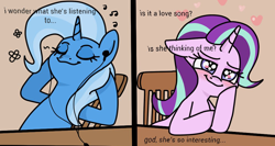 Size: 1000x532 | Tagged: safe, artist:pr0ject_001, edit, starlight glimmer, trixie, pony, unicorn, g4, blushing, chair, couple, cropped, cute, duo, female, flower, glimmerbetes, headset, heart, heart eyes, hoof on chin, hooves behind head, in love, lesbian, love, mare, music, music notes, ship:startrix, shipping, sitting, smiling, table, wingding eyes