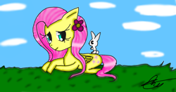 Size: 1920x1004 | Tagged: safe, artist:americavictoriano, angel bunny, fluttershy, pegasus, pony, rabbit, g4, animal, female, flower, flower in hair, grass, lying down, mare, prone, solo