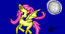 Size: 960x502 | Tagged: safe, artist:americavictoriano, fluttershy, bat pony, pony, g4, bat ponified, female, flutterbat, full moon, mare, moon, night, open mouth, race swap, solo