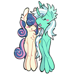 Size: 2048x2048 | Tagged: safe, artist:7redteeths, bon bon, lyra heartstrings, sweetie drops, earth pony, pony, unicorn, g4, chest fluff, curved horn, duo, ear fluff, eyes closed, female, heart, horn, lesbian, ship:lyrabon, shipping, simple background, smiling, white background