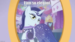 Size: 888x499 | Tagged: safe, edit, edited screencap, screencap, lily love, moonlight raven, canterlot boutique, g4, caption, clothes, dress, elegant, image macro, imgflip, mirror, over the moon, text