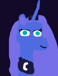 Size: 230x300 | Tagged: safe, artist:goofyartist4451, princess luna, alicorn, g4, 1000 hours in ms paint, blue eyes, crown, dark background, ear fluff, goofy, horn, jewelry, long horn, regalia, simple background, smiling
