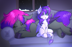 Size: 3489x2294 | Tagged: safe, artist:witchtaunter, oc, oc only, pony, commission, couch, cute, fangs, female, filly, foal, sitting, sleeping, snow