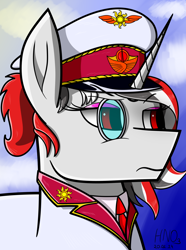Size: 2496x3360 | Tagged: safe, artist:hno3, oc, oc only, oc:red rocket, unicorn, equestria at war mod, bust, clothes, eyeshadow, general, gradient background, makeup, military, military uniform, monocle, portrait, red eyes, serious, solar empire, uniform, uniform hat