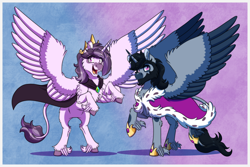 Size: 2100x1400 | Tagged: source needed, safe, artist:inuhoshi-to-darkpen, oc, oc:lactis, oc:spitzer, alicorn, cape, clothes, crown, female, jewelry, looking at you, male, mother and child, mother and son, prince, queen, raba-pony, regalia, royalty, smiling