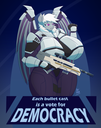 Size: 3441x4361 | Tagged: safe, artist:artsy madraw, oc, oc only, oc:silver glade, bat pony, anthro, armor, bat wings, big breasts, breasts, cleavage, commission, curvy, female, folded wings, gun, helldivers, helldivers 2, huge breasts, poster, propaganda, propaganda poster, rifle, salute, solo, text, thighs, thunder thighs, weapon, wing armor, wings
