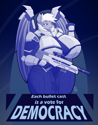 Size: 3441x4361 | Tagged: safe, alternate version, artist:artsy madraw, oc, oc only, bat pony, anthro, armor, bat wings, big breasts, breasts, cleavage, commission, curvy, female, folded wings, gun, helldivers, helldivers 2, huge breasts, poster, propaganda, propaganda poster, rifle, salute, solo, text, thighs, thunder thighs, weapon, wing armor, wings
