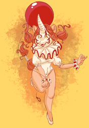 Size: 770x1100 | Tagged: safe, artist:amordidas, oc, oc only, oc:bally, unicorn, anthro, balloon, clothes, clown, clown makeup, female, it, leotard, pennywise, running, solo, tail, tail wrap