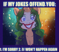 Size: 950x848 | Tagged: safe, artist:amordidas, oc, oc only, oc:bally, unicorn, anthro, caption, clown makeup, dc comics, female, grin, image macro, looking at you, smiling, society, solo, text, the joker