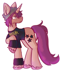 Size: 926x1074 | Tagged: safe, artist:clandestine, pony, unicorn, beanie, clothes, ear fluff, frown, glasses, hat, hoof fluff, horn, long tail, looking sideways, mikey way, my chemical romance, ponified, raised hoof, shirt, simple background, solo, standing, sweatband, t-shirt, tail, transparent background, turned head, unshorn fetlocks