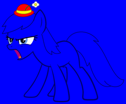 Size: 1178x973 | Tagged: safe, artist:raini-bases, artist:spitfirethepegasusfan39, earth pony, pony, g4, adult blank flank, angry, base used, blank flank, blue background, bossy, clothes, female, flower, flower on hat, grumpy, hat, little miss, little miss bossy, mare, mr. men, mr. men little miss, narrowed eyes, ponified, simple background, solo