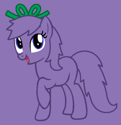 Size: 536x554 | Tagged: safe, artist:caecii, artist:spitfirethepegasusfan39, earth pony, pony, g4, adult blank flank, base used, blank flank, bow, clothes, female, hair bow, hair ribbon, little miss, little miss naughty, mare, mr. men, mr. men little miss, naughty, open mouth, open smile, ponified, purple background, raised hoof, raised leg, ribbon, simple background, smiling, solo