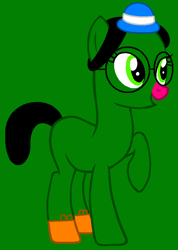 Size: 644x907 | Tagged: safe, artist:flaremane, artist:spitfirethepegasusfan39, earth pony, pony, g4, adult blank flank, base used, blank flank, bowler hat, clothes, female, glasses, green background, hat, little miss, little miss neat, mare, mr. men, mr. men little miss, open mouth, open smile, pink nose, ponified, raised hoof, raised leg, shoes, simple background, smiling, sneakers, solo