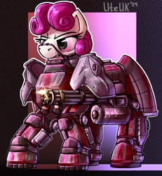 Size: 1608x1744 | Tagged: safe, artist:uteuk, oc, oc only, earth pony, pony, angry, armor, bridle, female, mare, minigun, power armor, shooting, solo, tack