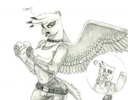 Size: 1400x1091 | Tagged: safe, artist:baron engel, gilda, griffon, anthro, g4, breasts, busty gilda, female, gildere, hearts and hooves day, monochrome, pencil drawing, simple background, solo, traditional art, tsundere, white background