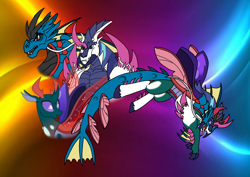 Size: 1414x1000 | Tagged: safe, artist:zetikoopa, pharynx, shining armor, oc, oc:bass thunder, oc:odysseus, changedling, changeling, g4, corrupted, fins, fusion, fusion:bass thunder, fusion:pharynx, fusion:shining armor, gradient background, insect wings, male, male siren, monster shining armor, prince pharynx, rainbow of darkness, species swap, tail, tail fin, wings
