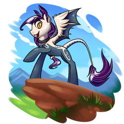 Size: 800x800 | Tagged: safe, artist:bestary, oc, undead, vampire, vampony, 2d, cloud, grass, hair tie, looking at you, mountain, nature, raised hoof, rock, simple background, smiling, smiling at you, standing, transparent background, wings, yellow eyes