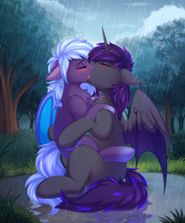 Size: 3300x3965 | Tagged: safe, artist:pesty_skillengton, oc, oc only, oc:midnight moonbeam, oc:umbrella, alicorn, bat pony, bat pony alicorn, pony, bat pony oc, bat wings, blushing, chest fluff, colored wings, couple, duo, ear tufts, ears back, eyes closed, female, forest, french kiss, gradient legs, horn, hybrid wings, kissing, love, making out, male, male alicorn, mare, multicolored wings, nature, oc x oc, partially open wings, rain, scar, shipping, shoulder fluff, sitting, stallion, straight, tree, water, wings