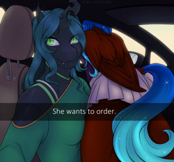 Size: 1600x1489 | Tagged: safe, artist:acry-artwork, queen chrysalis, oc, oc only, oc:aine aisling, changeling, changeling queen, pegasus, anthro, g4, butt, car interior, changeling queen oc, he wants to order, meme, pegasus oc, selfie