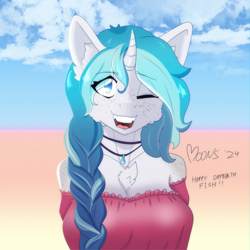 Size: 1250x1250 | Tagged: safe, artist:mooons, oc, oc only, oc:bubble lee, unicorn, anthro, anthro oc, body freckles, braid, breasts, clothes, digital art, female, freckles, horn, mare, solo