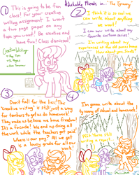 Size: 4779x6013 | Tagged: safe, artist:adorkabletwilightandfriends, apple bloom, cheerilee, scootaloo, sweetie belle, pegasus, pony, unicorn, comic:adorkable twilight and friends, g4, adorkable, adorkable friends, angry, back of head, bag, bipedal, bow, chalk, chalkboard, comic, cute, cutie mark crusaders, dork, drawing, excited, female, filly, foal, forest, funny, grass, handwriting, happy, homework, humor, listening, madorable, mare, nature, puddle, reality shift, saddle bag, school, sidewalk, sign, slice of life, smiling, stone, tree, walking, water, wet