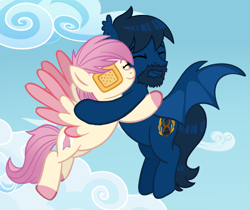 Size: 1100x922 | Tagged: safe, artist:jennieoo, oc, oc:atin nyamic, bat pony, pegasus, pony, bat pony oc, beard, duo, eyepatch, eyes closed, facial hair, flying, friends, gift art, hug, hugging a pony, present, show accurate, sketch, smiling, spread wings, wings