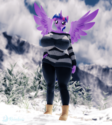 Size: 2181x2440 | Tagged: safe, artist:reinbou, twilight sparkle, alicorn, anthro, plantigrade anthro, g4, 3d, big breasts, blender, blender cycles, blushing, boots, breasts, busty twilight sparkle, clothes, huge breasts, looking at you, mountain, pants, shoes, snow, snow boots, solo, sweater, thick, twilight sparkle (alicorn), wide hips