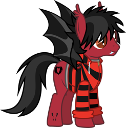 Size: 1286x1308 | Tagged: safe, artist:lightningbolt, derpibooru exclusive, bat pony, pony, .svg available, bat wings, clothes, ear fluff, fall out boy, fangs, hair over one eye, hoodie, male, pete wentz, ponified, show accurate, simple background, slit pupils, smiling, solo, spread wings, stallion, standing, svg, tattoo, transparent background, vector, wings