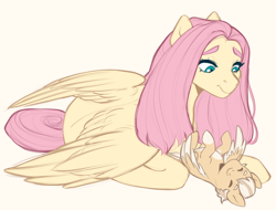 Size: 1280x972 | Tagged: safe, artist:ghost-whisper03, fluttershy, oc, oc:sunshine sky, pegasus, pony, g4, colt, duo, female, fluttermom, foal, lying down, male, mother and child, mother and son, offspring, on back, parent:fluttershy, parent:unknown, prone, simple background, smiling, white background