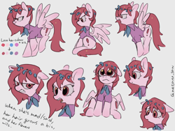 Size: 4096x3072 | Tagged: safe, artist:metaruscarlet, oc, oc only, oc:metaru scarlet, pegasus, pony, angry, clothes, crying, cutie mark, english, flower, flower in hair, gray background, open mouth, pegasus oc, reference sheet, sad, simple background, spread wings, teary eyes, teeth, wings, yelling
