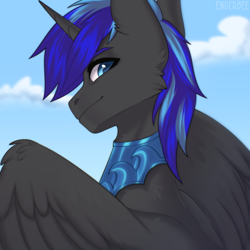 Size: 2400x2400 | Tagged: safe, artist:enderbee, oc, alicorn, pony, armor, armored pony, blue eyes, blue hair, bust, commission, looking at you, looking back, portrait, sky, smiling, smiling at you, solo, ych result