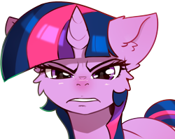 Size: 1364x1085 | Tagged: safe, artist:alcor, twilight sparkle, pony, unicorn, g4, angry, cheek fluff, ear fluff, floppy ears, looking at you, simple background, solo, transparent background, unicorn twilight