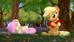 Size: 3840x2160 | Tagged: safe, artist:owlpirate, applejack, fluttershy, butterfly, earth pony, pegasus, pony, g4, 3d, 4k, apple, bandana, duo, duo female, female, food, forest, high res, hoof hold, lesbian, lying down, mare, nature, prone, ship:appleshy, shipping, sleeping, source filmmaker, tree