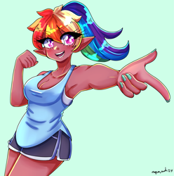 Size: 2079x2100 | Tagged: safe, artist:mylittleyuri, rainbow dash, human, g4, armpits, breasts, busty rainbow dash, cleavage, clothes, dark skin, elf ears, eye clipping through hair, female, green background, high res, humanized, nail polish, open mouth, open smile, shorts, signature, simple background, smiling, solo