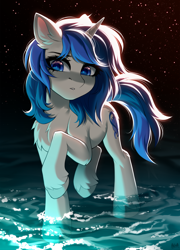 Size: 3100x4298 | Tagged: safe, artist:hakaina, oc, oc only, oc:eden, oc:eden (across the divide), pony, unicorn, fallout equestria, fallout equestria: across the divide, female, horn, mare, partially submerged, solo, standing in water, stars, unicorn oc, unshorn fetlocks, water, wingding eyes